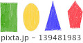Set of colorful geometric shapes drawn with felt-tip pen: rectangle, oval, triangle, and pentagon. 139481983