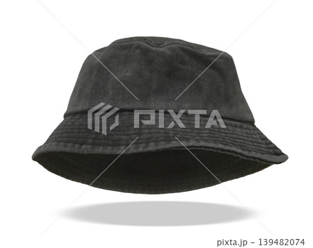 A dark black bucket hat floats against a white background. 139482074