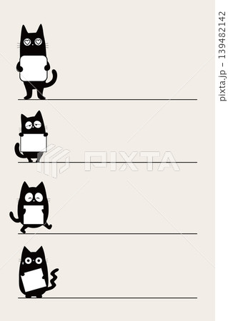 カードを持った黒猫の縦並び罫線イラスト 手描き風ベージュ背景素材 カードを持った黒猫の縦並び罫線イラスト 手描き風ベージュ背景素材 139482142