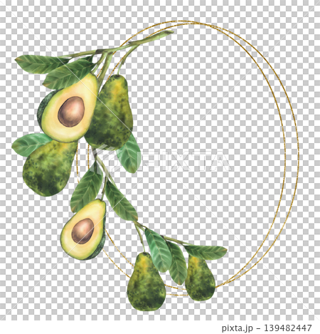 Avocado branch with whole and cut halves fruit with seed and green leaves above an elegant golden frame. Hand painted watercolor illustration isolated from background for round card, menu, food label. Avocado branch with whole and cut halves fruit with seed and green leaves above an elegant golden frame. Hand painted watercolor illustration isolated from background for round card, menu, food label. 139482447