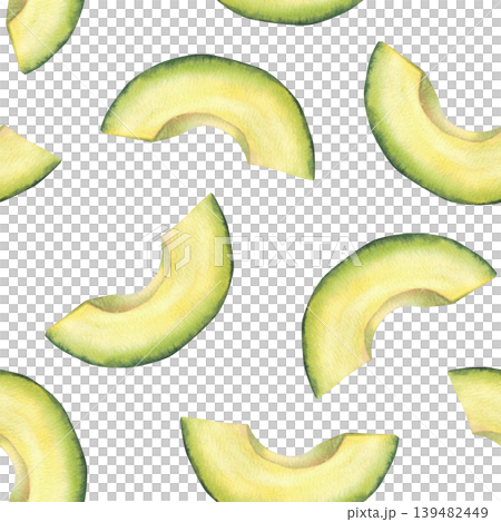 Watercolor Avocado cut fruit wedges, half-moon slices pieces seamless pattern. Superfood pulp fabric isolated on white background. Chopped vegetables kitchen wallpaper print hand drawn illustration. Watercolor Avocado cut fruit wedges, half-moon slices pieces seamless pattern. Superfood pulp fabric isolated on white background. Chopped vegetables kitchen wallpaper print hand drawn illustration. 139482449