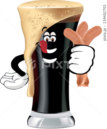 Pint of dark beer holding sausages with happy expression 139482701