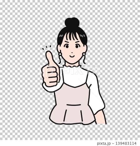 Simple vector illustration of a young woman with her hair tied up making a thumbs-up sign. 139483114