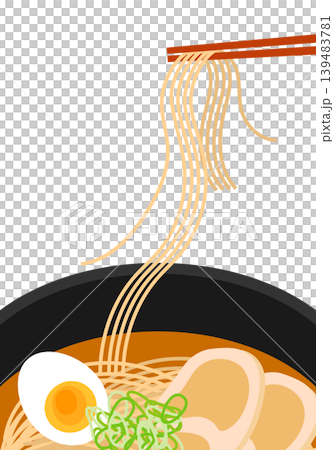 A close-up of ramen noodles being lifted with chopsticks. 139483781