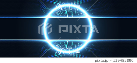 Abstract futuristic blue neon glowing circle circuit board technology background frame Abstract futuristic blue neon glowing circle circuit board technology background frame 139483890