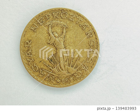 Vintage Hungarian Coin Magyar Coat of Arms. Old golden money Vintage Hungarian Coin Magyar Coat of Arms. Old golden money 139483993
