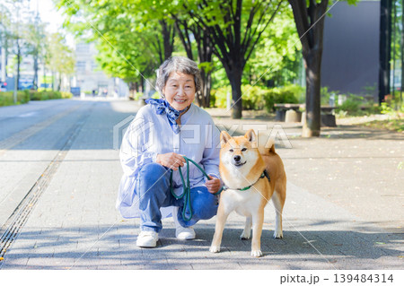 ペット　柴犬とお散歩しているシニア女性 139484314