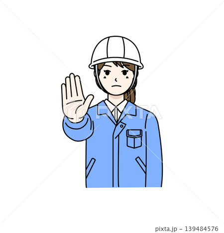 女性作業員 ヘルメット 注意 ストップ 警告 安全 ジェスチャー イラスト 139484576