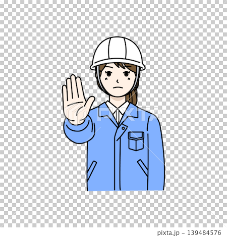 女性作業員 ヘルメット 注意 ストップ 警告 安全 ジェスチャー イラスト 139484576