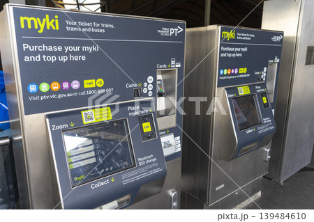 Melbourne, Australia - January 4, 2024 : Myki public transport ticket top up machine in Melbourne, Australia on January 4, 2024. Melbourne, Australia - January 4, 2024 : Myki public transport ticket top up machine in Melbourne, Australia on January 4, 2024. 139484610