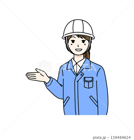 女性作業員 ヘルメット 案内 説明 ジェスチャー 手を広げる イラスト 139484624