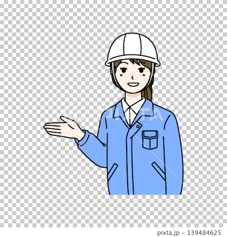Female worker wearing a helmet, giving instructions and explanations, using gestures and outstretched hands (illustration). Female worker wearing a helmet, giving instructions and explanations, using gestures and outstretched hands (illustration). 139484625