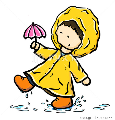 Child in a raincoat holding a small umbrella playing in rain cartoon illustration 139484877