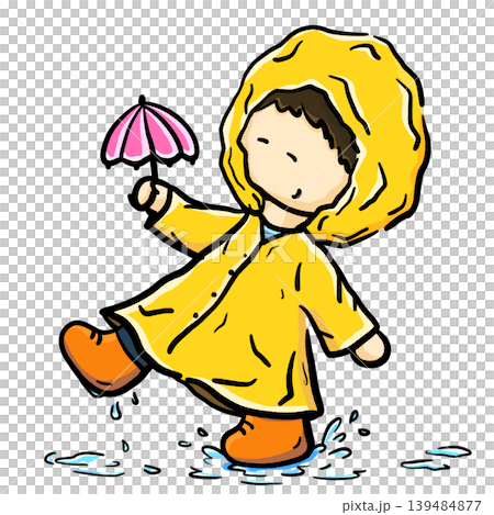 Child in a raincoat holding a small umbrella playing in rain cartoon illustration 139484877