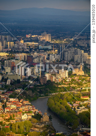 Panoramic aerial cityscape sunset view of Tbilisi, the capital of Georgia 139485010