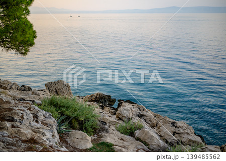 Rocky shore overlooking calm sea at sunset Rocky shore overlooking calm sea at sunset 139485562