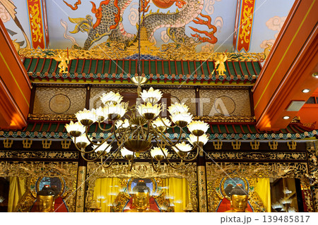 Interior of Po Lin Chan Buddhist monastery, located on Ngong Ping Plateau, on Lantau Island in Hong Kong Interior of Po Lin Chan Buddhist monastery, located on Ngong Ping Plateau, on Lantau Island in Hong Kong 139485817