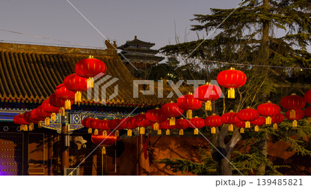 Red lanterns at the entrance to Jingshan park in Beijing, China at night 139485821