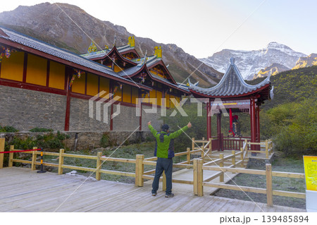 Huanglong, Sichuan, China - Oct 14,2024 : Unidentified people visit Huanglong Ancient Temple in Huanglong, Sichuan,China on Oct 14,2024. Huanglong, Sichuan, China - Oct 14,2024 : Unidentified people visit Huanglong Ancient Temple in Huanglong, Sichuan,China on Oct 14,2024. 139485894