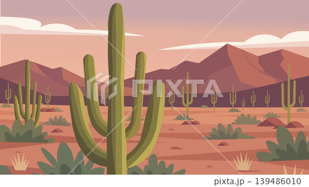 Giant Cactus American Desert Flat Design Illustration Scene Giant Cactus American Desert Flat Design Illustration Scene 139486010