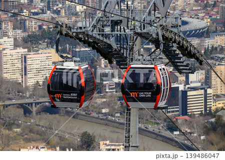 Cable Car gondolas connecting Mtatsminda Park with downtown Tbilisi, capital of Georgia Cable Car gondolas connecting Mtatsminda Park with downtown Tbilisi, capital of Georgia 139486047