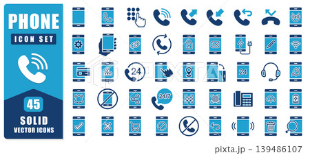 Phone Solid Icon Set Featuring Mobile Communication, Calling And Smartphone Symbols. Perfect For Apps, Support And Technology Projects. Clean Modern Design With Bold And Clear Visual Elements. Vector  139486107