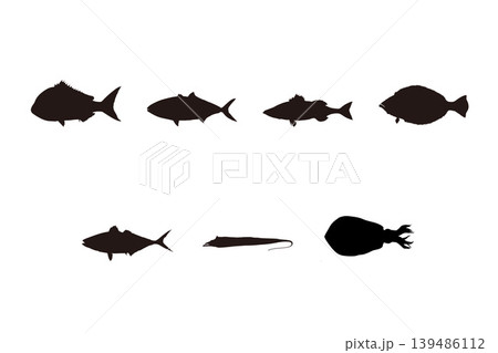 人気の釣魚シルエットセット 海釣りターゲット魚介素材 人気の釣魚シルエットセット 海釣りターゲット魚介素材 139486112