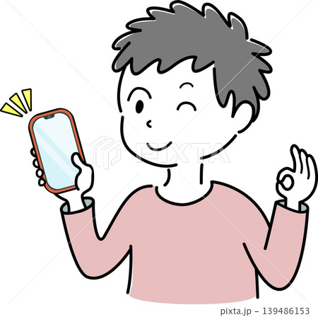 スマートフォンを持ちOKサインをするウインクする男性のシンプルイラスト(承認・人物素材) スマートフォンを持ちOKサインをするウインクする男性のシンプルイラスト(承認・人物素材) 139486153