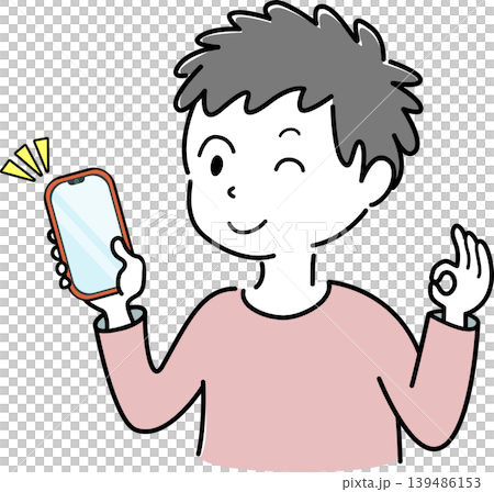 スマートフォンを持ちOKサインをするウインクする男性のシンプルイラスト(承認・人物素材) スマートフォンを持ちOKサインをするウインクする男性のシンプルイラスト(承認・人物素材) 139486153