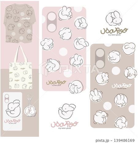 ふわもこうさぎの線画パターン スマホケース風デザイン パステルピンク＆ベージュ 139486169