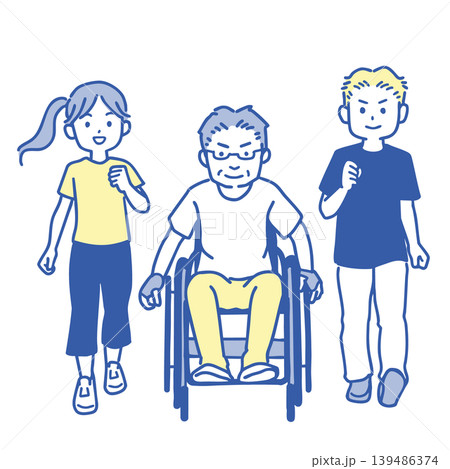 ウォーキングをする家族 車椅子ユーザーの父親と伴走する娘と息子 シンプルなイラスト ウォーキングをする家族 車椅子ユーザーの父親と伴走する娘と息子 シンプルなイラスト 139486374
