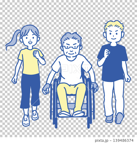 ウォーキングをする家族 車椅子ユーザーの父親と伴走する娘と息子 シンプルなイラスト ウォーキングをする家族 車椅子ユーザーの父親と伴走する娘と息子 シンプルなイラスト 139486374