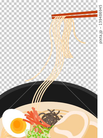 箸で麺を持ち上げている豚骨ラーメンのクローズアップ 箸で麺を持ち上げている豚骨ラーメンのクローズアップ 139486945