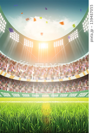 Animated soccer stadium with sunlight and crowd, 3d rendering. 139487055
