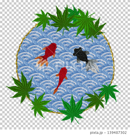【圓形邊框,飾以藍色楓葉和金魚圖案】手工刺繡插畫材料 【圓形邊框,飾以藍色楓葉和金魚圖案】手工刺繡插畫材料 139487302