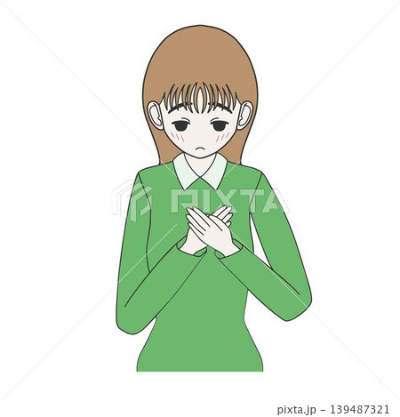 想いが伝わらずに悲しみ、胸に手を当てて俯く女性。 想いが伝わらずに悲しみ、胸に手を当てて俯く女性。 139487321