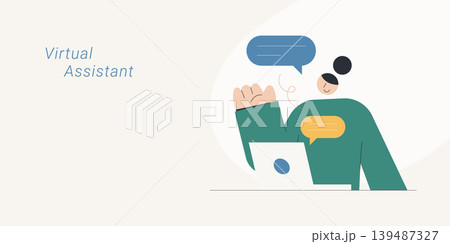 Flat design of a friendly character working on a laptop with speech bubbles and waving hand, symbolizing virtual assistant and online chat support, ideal for technology and service content. Flat design of a friendly character working on a laptop with speech bubbles and waving hand, symbolizing virtual assistant and online chat support, ideal for technology and service content. 139487327