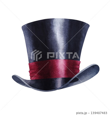 Black silk vintage top hat with a red ribbon. Watercolor illustration on a white background. Theater, wedding, circus. Packaging, poster, invitation, gift bag, gift tag, sticker. Wine bottle label Art Black silk vintage top hat with a red ribbon. Watercolor illustration on a white background. Theater, wedding, circus. Packaging, poster, invitation, gift bag, gift tag, sticker. Wine bottle label Art 139487483