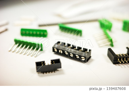 Electronic connectors and terminal blocks on white background 139487608