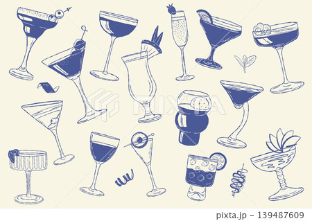 Tropical cocktail doodle collection with exotic glasses and garnish Tropical cocktail doodle collection with exotic glasses and garnish 139487609