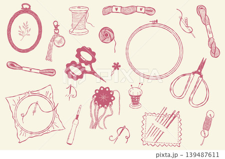 Embroidery and sewing vintage doodle collection with craft tools 139487611