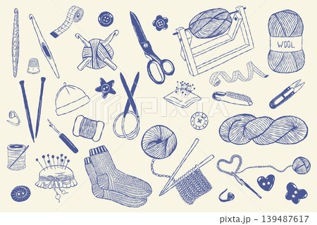 Knitting and crochet doodle collection with yarn sewing and wool tools Knitting and crochet doodle collection with yarn sewing and wool tools 139487617