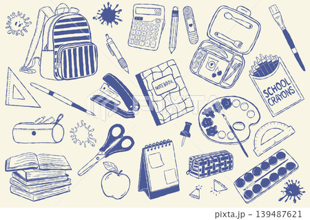 School supplies doodle set with backpack notebook and stationery items School supplies doodle set with backpack notebook and stationery items 139487621