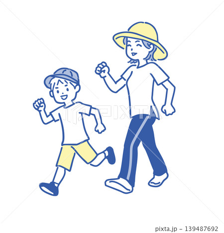 笑顔でウォーキングをする親子 男の子とお母さん シンプルなイラスト 笑顔でウォーキングをする親子 男の子とお母さん シンプルなイラスト 139487692