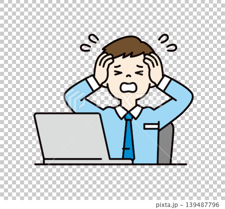 A vector illustration of the upper body of a businessman in a dress shirt, panicking and holding his head in front of a computer. A vector illustration of the upper body of a businessman in a dress shirt, panicking and holding his head in front of a computer. 139487796