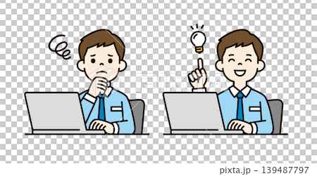 Vector illustration of a businessman dealing with a problem and operating a computer - before and after. Vector illustration of a businessman dealing with a problem and operating a computer - before and after. 139487797
