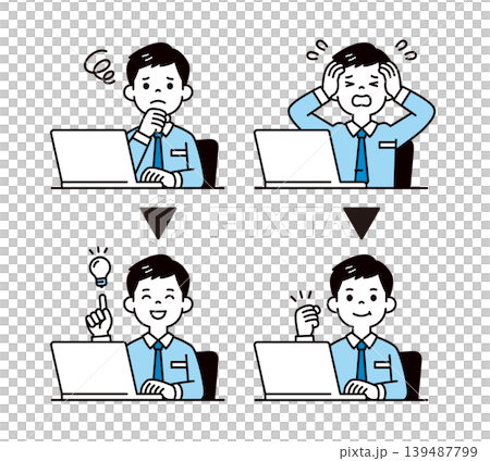 A set of vector illustrations of the upper body of a businessman at his desk, depicting the resolution or improvement of a problem. A set of vector illustrations of the upper body of a businessman at his desk, depicting the resolution or improvement of a problem. 139487799