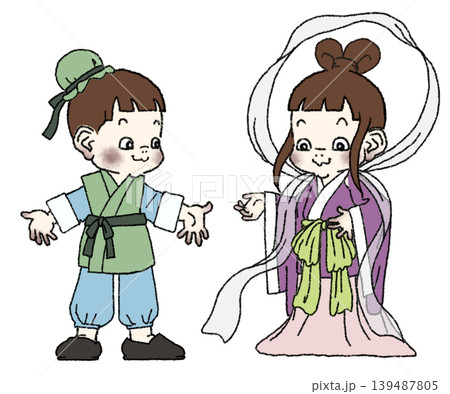 七夕の織姫と彦星の衣装を着た女の子と男の子 139487805