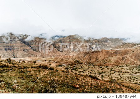 Landscape of Dagestan mountains, mountain range in haze summer Russia 139487944