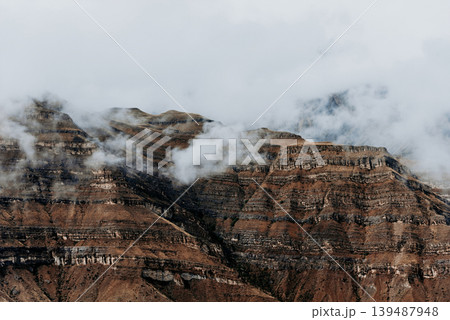 Landscape of Dagestan mountains, mountain range in haze summer Russia 139487948